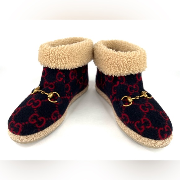 Gucci Fria Horsebit GG Logo Wool Shearling Fur Women Ankle Booties Size … - Picture 13 of 15